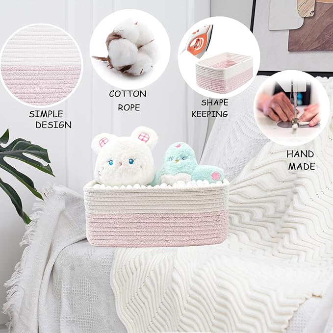 COMFY-HOMI 13" x 8.5" x 5.1" Storage Baskets for Organizing | Cotton Rope Woven Basket | Toy Storage Bin Box | Basket for Shelves, Closet Organizer Bin, Decorative Closet Shelf, 3 Pack, white/pink