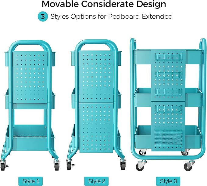 DESIGNA 3-Tier Utility Storage Rolling Cart with Removable Pegboard & Extra Storage Baskets Hooks, Metal Craft Art Carts for Gift Home Office, Teal