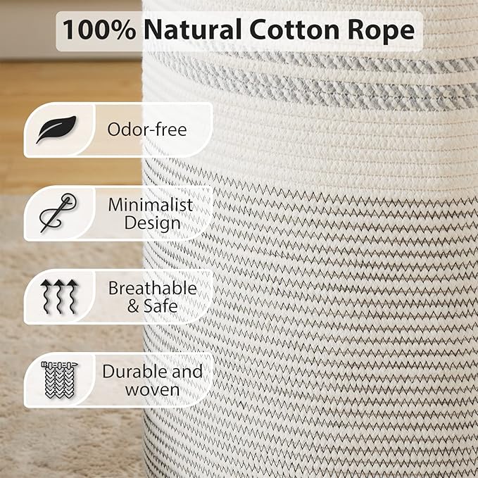Fiona's magic 58L Woven Rope Laundry Hamper, Tall Boho Laundry Basket Storage, Large Baby Nursery Hamper for Blankets, Toys and Clothes Hamper for Bedroom and Living Room Organizing, Jute, White