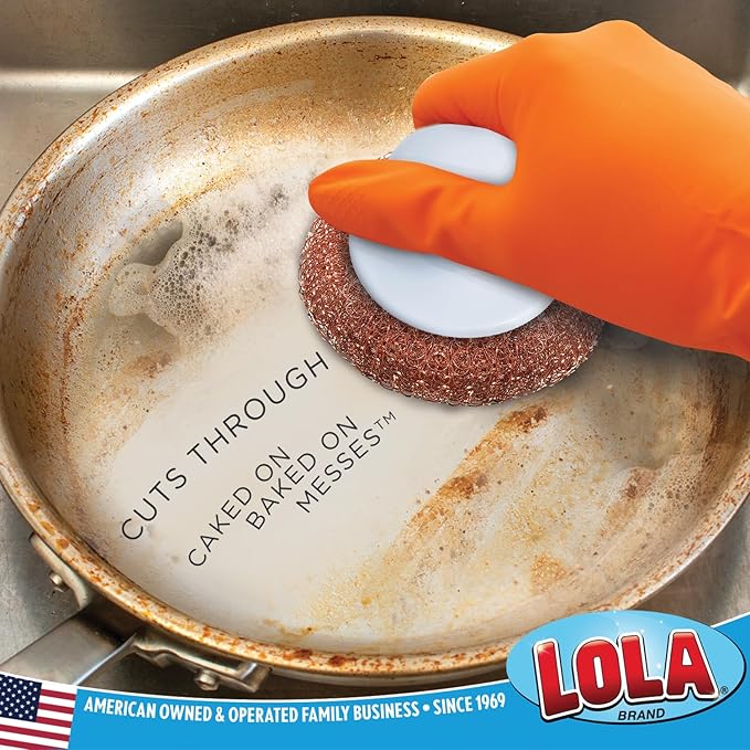 LOLA Copper Mesh Scouring Pad w/Comfort Knob, 6 Pack, Heavy Duty Cleaning Pads, Knitted Wire Mesh, Cleans Caked-On & Baked-On Messes