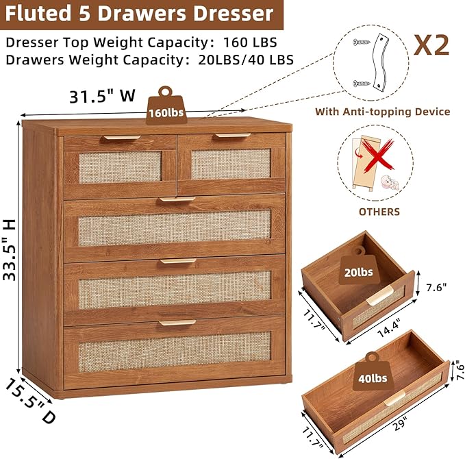 LEYAOYAO Rattan Dresser for Bedroom, 33.5" Tall Chest of Drawers, Modern 5 Drawers Boho Dressers with Storage, Vintage Brown Dresser Wooden Closet Organizer for Living Room, Hallway
