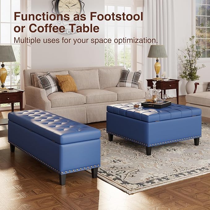 Storage Ottoman Bench, 51-Inch Large Storage Bench for Bedroom End of Bed, 30 Gallons Faux Leather Ottoman with Storage for Bedroom, Living Room, Entryway, Hallway, Blue