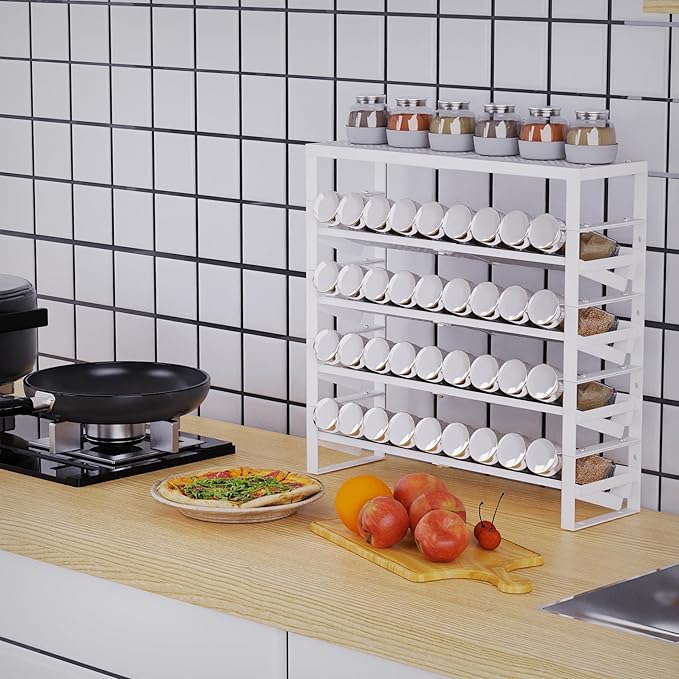 Expandable, Stackable, Adjustable Spice Rack kitchen Organizer,Metal Pantry Storage Shelves - Multi-Tier Shelf for Cabinet, Countertop, Pantries, Cupboard or Wall Mount,White