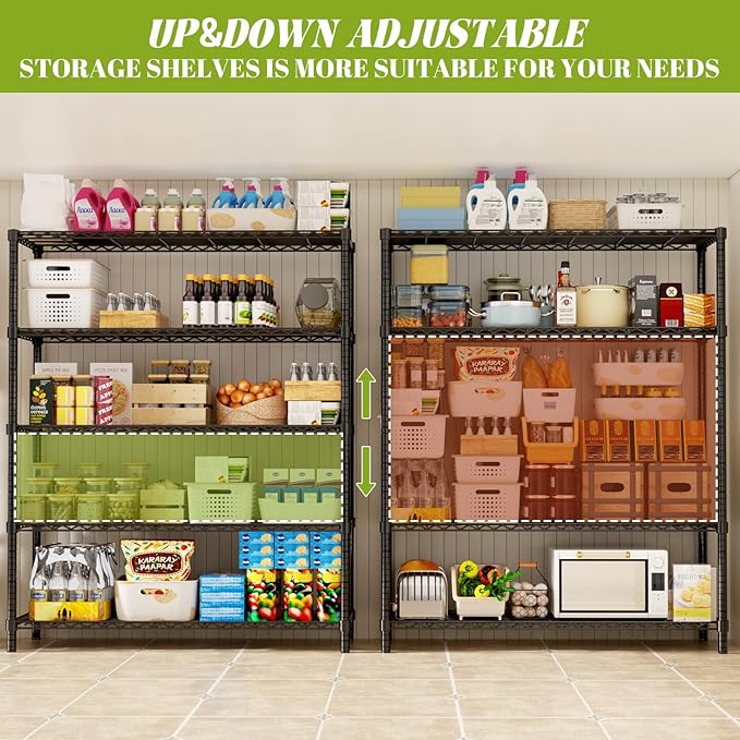 Storage Shelves, 4 PCS 48" L x 20" W x 72" H Heavy Duty Garage Wire Shelving Unit Loads 2000LBS, 5-Tier Adjustable Metal Industrial Utility Shelf Rack for Kitchen, Laundry Room, Basement