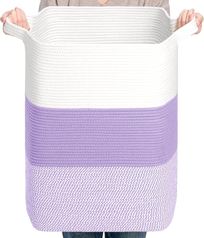 CLHMILY&Z 75L Laundry Basket Rectangular Lavender Rope - 16x13x22 Inches - Dirty Clothes and Soft Storage Bin for Blankets, Toys, and Nursery Essentials