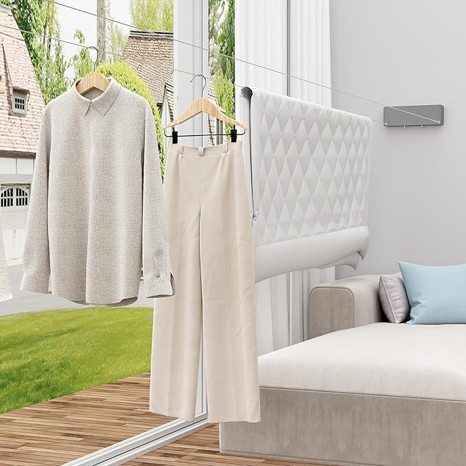 Retractable Clothesline Indoor, Non-Sagging Clothes line retracting Outdoor, Heavy Duty Wall Mounted Laundry Line Adjustable Stainless Steel for Laundryroom, Bathroom, 15.8 Feets Double Lines Grey