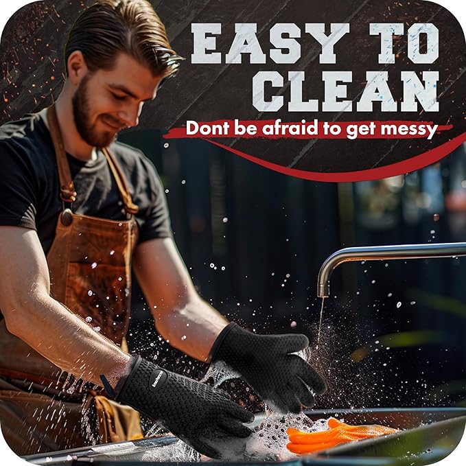 KITCHEN PERFECTION XL Silicone Smoker Oven Gloves-Extreme Heat Resistant BBQ Gloves-Handle Hot Food Right on Your Grill Fryer&Pit|Waterproof Grilling Cooking Baking Mitts|Superior Value Set+3 Bonuses