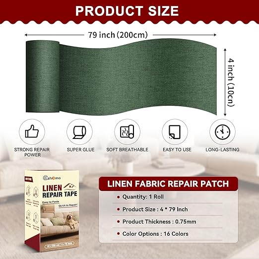 Linen Repair Tape 4x79 inch, Self Adhesive Fabric Patches, Linen Patch Tape Kit, Fabric Repair Tape for Couch Sofas, Headboards, Chairs, Pillows, Curtains, Couches - Army Green