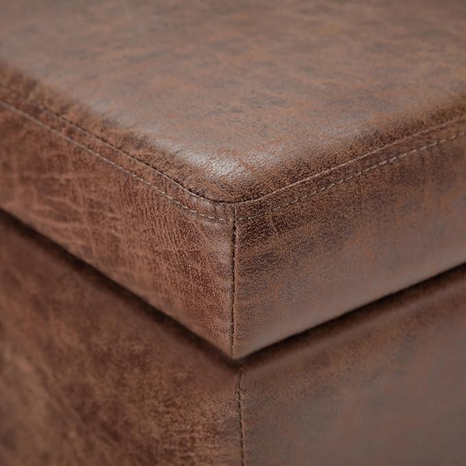 SIMPLIHOME Avalon 48 inch Wide Contemporary Rectangle Storage Ottoman Bench in Distressed Umber Brown Vegan Faux Leather, Assembled, For the Living Room, Entryway and Family Room