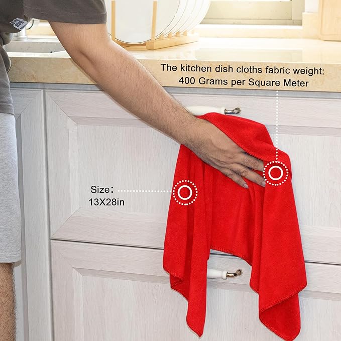 kimteny 13x28 Inches Kitchen Cloth Dish Towels, 400 GSM Premium Dishcloths, Super Absorbent Coral Velvet Microfiber Cleaning Cloths, Fast Drying Rags for Washing Dishes (12 Pack, Red)