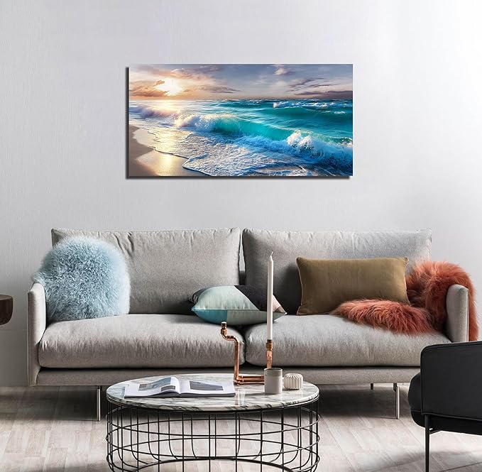 GUGIKA Ocean Wall Art for Living Room, Blue Wave and Large Coastal Beach Canvas Wall-Decor for Bedroom, Gold Sun Scenery Pictures for Hallway Office, Size 40x20 Inches