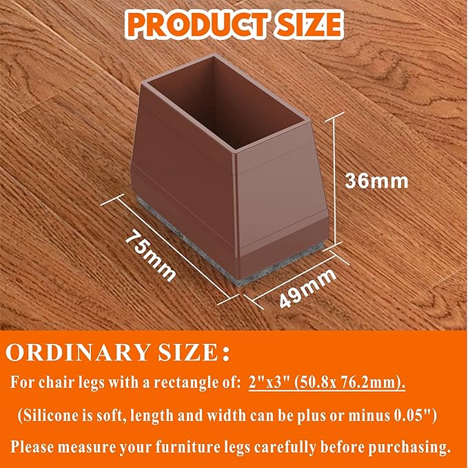 Rectangle Chair Leg Protectors for Hardwood Floors,16 PCS Silicone Covers to Protect Wood Tile Floors Felt Pads Furniture Leg Caps Reduce Noise. Easy to Move.(Brown,2 x 3 Inch,Rectangle)