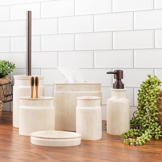 Creative Scents Rustic Luxe Toilet Brush and Holder Set - Beige Toilet Bowl Cleaner Brush with Strong Metal Handle - Long Bristles Toilet Bowl Brush and Holder - Rustic Farmhouse Decor