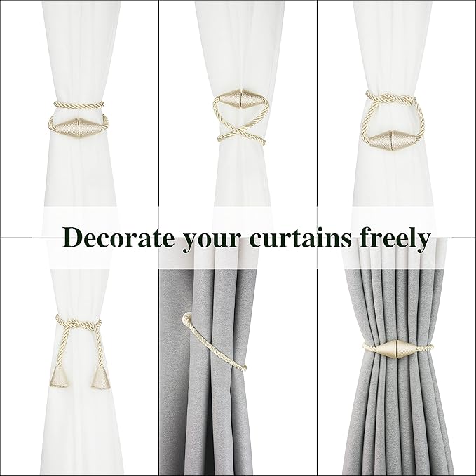4 Pack Magnetic Curtain Tiebacks Rope Modern Handmade Curtain Tie Backs Decorative Drapes Weave Holdbacks for Window Décor, Beige