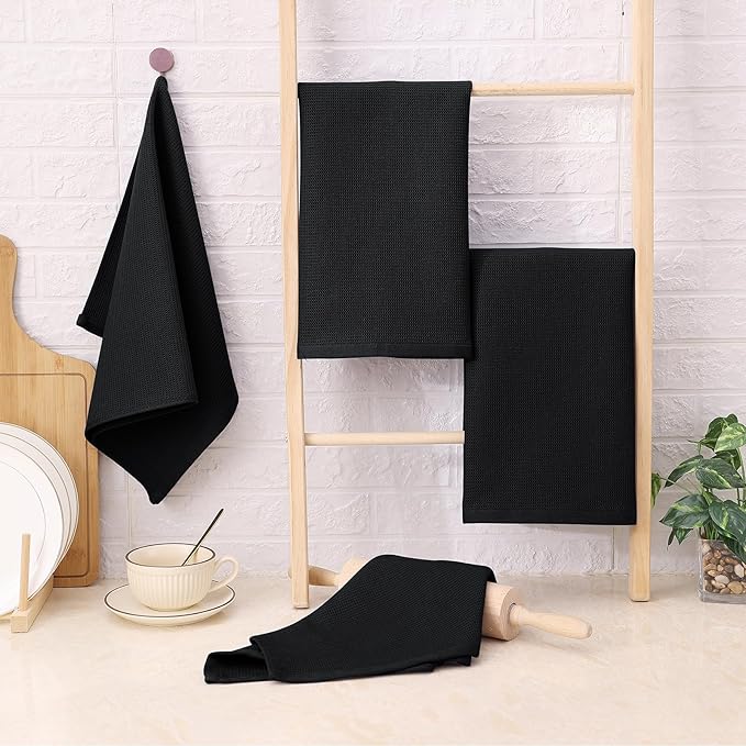 Homaxy 100% Cotton Waffle Weave Kitchen Towels - 8 Pack Soft and Absorbent Dish Towels - 16 x 26 Inches Quick Dry Hand Towels - Black