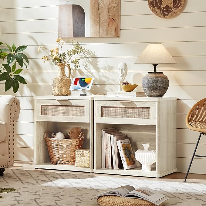 LEYAOYAO Rattan Nightstand with Charging Station, 23" Wide Boho Night Stand with Drawer, Grey White Bedside Table Open Storage Cabinet, Bed Side End Tables Dresser for Bedroom, Living Room, Hallway