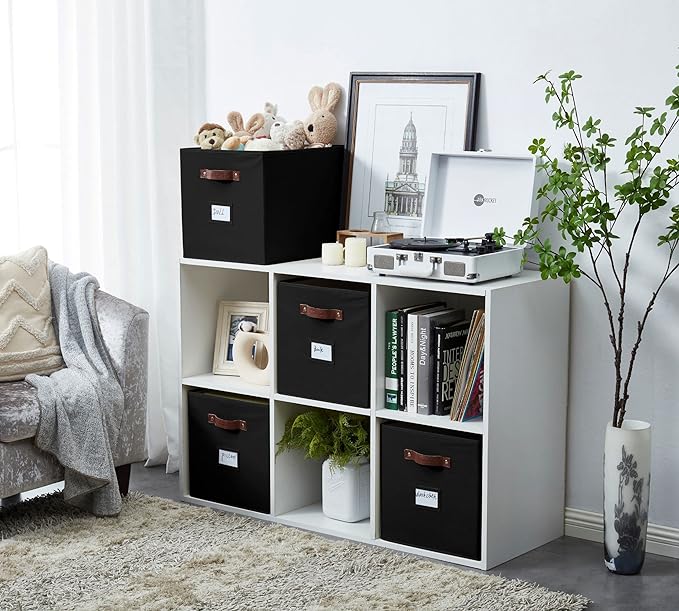 DECOMOMO Storage Baskets, 13x15x13 Storage Cube Bins with Labels for Organizing Shelves Kallax (Kallax / 4pcs, Black)