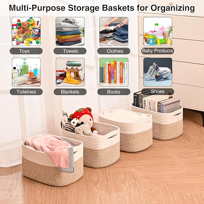 Small Storage Baskets for Organizing, Woven Storage Baskets for Shelves, Cotton Rope Basket for Storage, Cute Rectangular Book Toy Basket, 12.7"×9.1"×7.9", 4 Packs, Off White & Brown