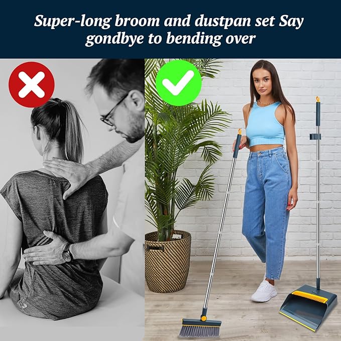 Long-Handled Broom and Dustpan Set, Windproof Broom Combination, 180-degree Rotating Brush Head with Upright Dustpan, Suitable for Indoor and Outdoor Cleaning. (Blue)