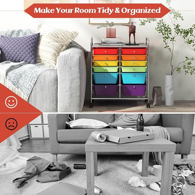 GOFLAME 12-Drawer Rolling Storage Cart, Multipurpose Organizer Cart with 2 Sizes Plastic Drawers, Mobile Utility Cart with Lockable Casters for School, Home Office, Beauty Salon, Multicolored