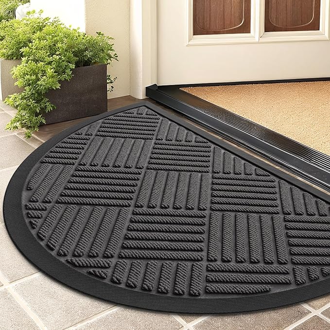 Smiry Half Circle Front Door Mat Outside Entrance, Heavy Duty Outdoor Indoor Natural Rubber Doormat, Non Slip, Trap Dirt and Moisture, Easy Clean, Low Profile Patio Porch Entryway Mat, 29.5x17, Grey