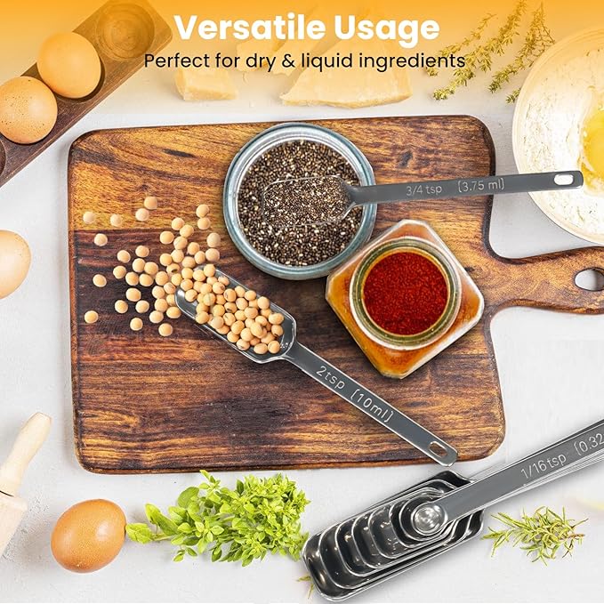 9 Pcs Measuring Spoons Set with Leveler, Metal Teaspoon & Tablespoon Measuring Spoons for Cooking & Baking, Fits in Spice Jars, Kitchen Gadgets for Dry & Liquid Ingredients