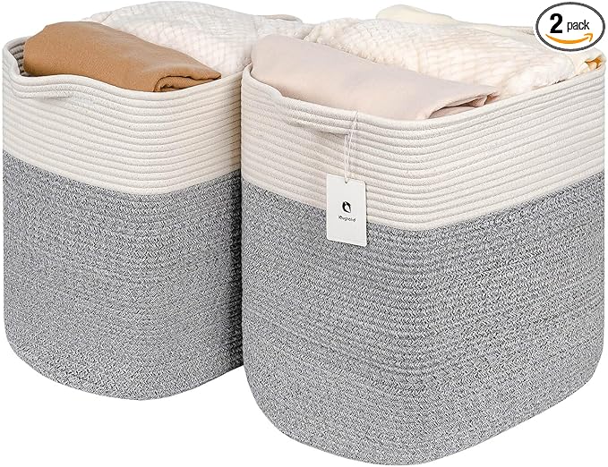 Storage Baskets for Clothes Fabric Cotton Rope Storage Basket with Handles, Decorative Woven Basket for Living Room,Closet Organizer Blankets, and 2bags (Silver Gray, L14×W11×H14)