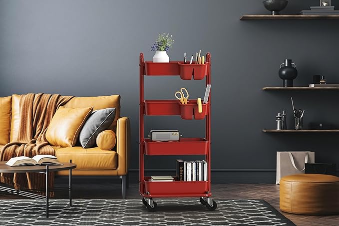 Simple Houseware 4-Tier Multifunctional Rolling Utility Cart with Hanging Buckets, Red