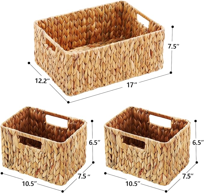 HOONEX Water Hyacinth Storage Baskets, Wicker Baskets for Storage, Hand Woven Baskets with Carry Handles, Set of 3, Natural
