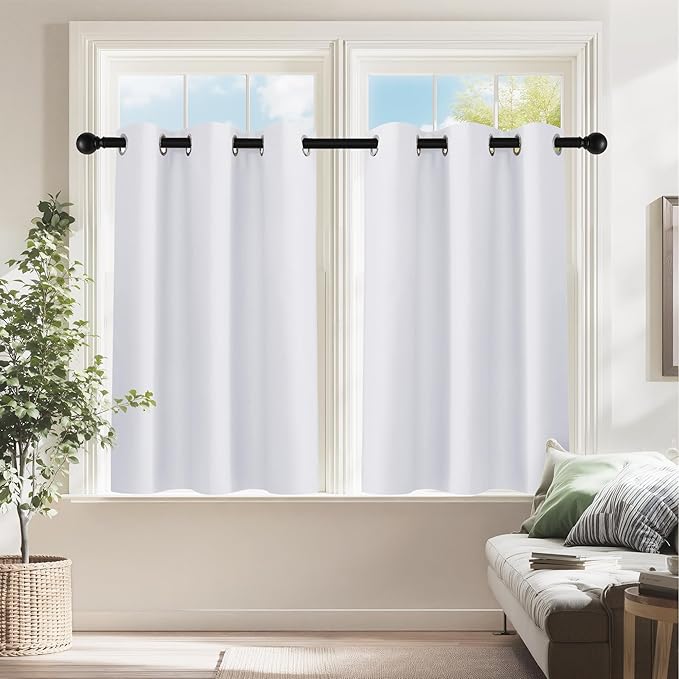 PONY DANCE Pure White Room Darkening Curtains - Energy Saving Drapes for Small Windows in Kitchen, Bedroom, and Bathroom | 2 Panels, W 34 x L 24 inch | Ideal Cafe Curtains