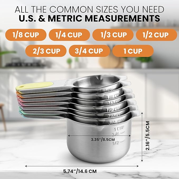 Spring Chef Magnetic Stainless Steel Measuring Cups, Patented, Kitchen Tools with Easy to Read Markings for Measuring Dry or Liquid Ingredients, Set of 7, Pastel