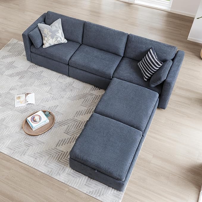 CHITA Oversized Modular Cloud Sectional Sofa Set, FSC Certified U Shaped Couch with Reversible Chaise Modular Sectional Couch, 112 inch Width,5 Seat Modular Sofa Includes 2 Storage Ottomans, Blue