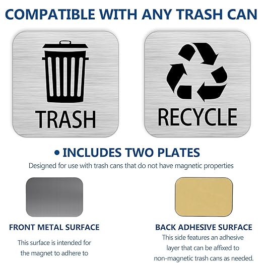Recycle and Trash Magnets Sticker for Recycling Bins and Kitchen Cans, 2 Magnetic Sticker Adhesives for Garbage Containers, Outdoor Waste Bin