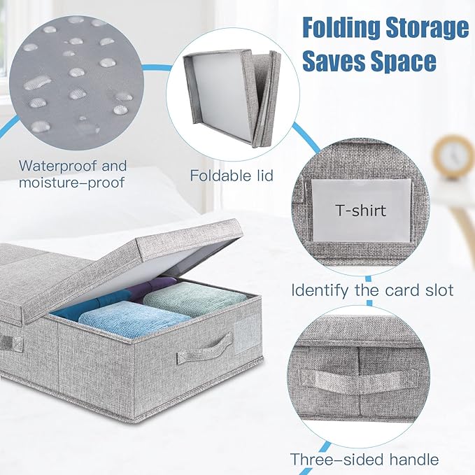 Underbed Storage Containers Bin with Lids, Large Under Bed Storage Organizer Box with Handle, Foldable Under the Storage Bags for Organizing Clothes, Shoes, Blankets, Pillows