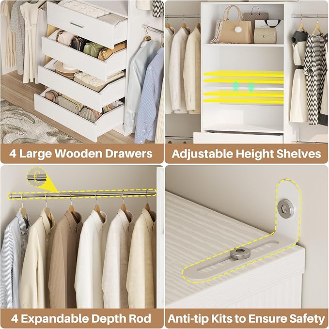 Aheaplus Closet System, 4-9Ft Closet Organizer with 4 Wooden Drawers, Wood Closet Organizer System with Tower, Walk-in Closet Organizer Wardrobe Clothes Rack with 4 Hanging Rods, Garment Rack, White
