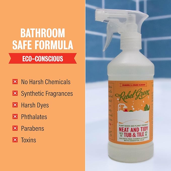 Rebel Green Neat and Tidy Tub & Tile Bathroom Cleaner Spray - Chamomile Orange Blossom Scent - Plant-Based Formula for Showers, Sinks, Tubs, Toilets, and Tile - 24 fl oz - 2 Pack