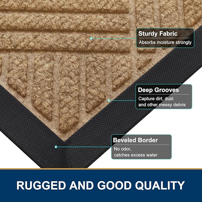 Smiry Front Door Mat Outside Entrance, Heavy Duty Outdoor Indoor Natural Rubber Doormat, Non Slip, Trap Dirt and Moisture, Easy Clean, Low Profile Patio Porch Entryway Mat, 47x32, Coffee