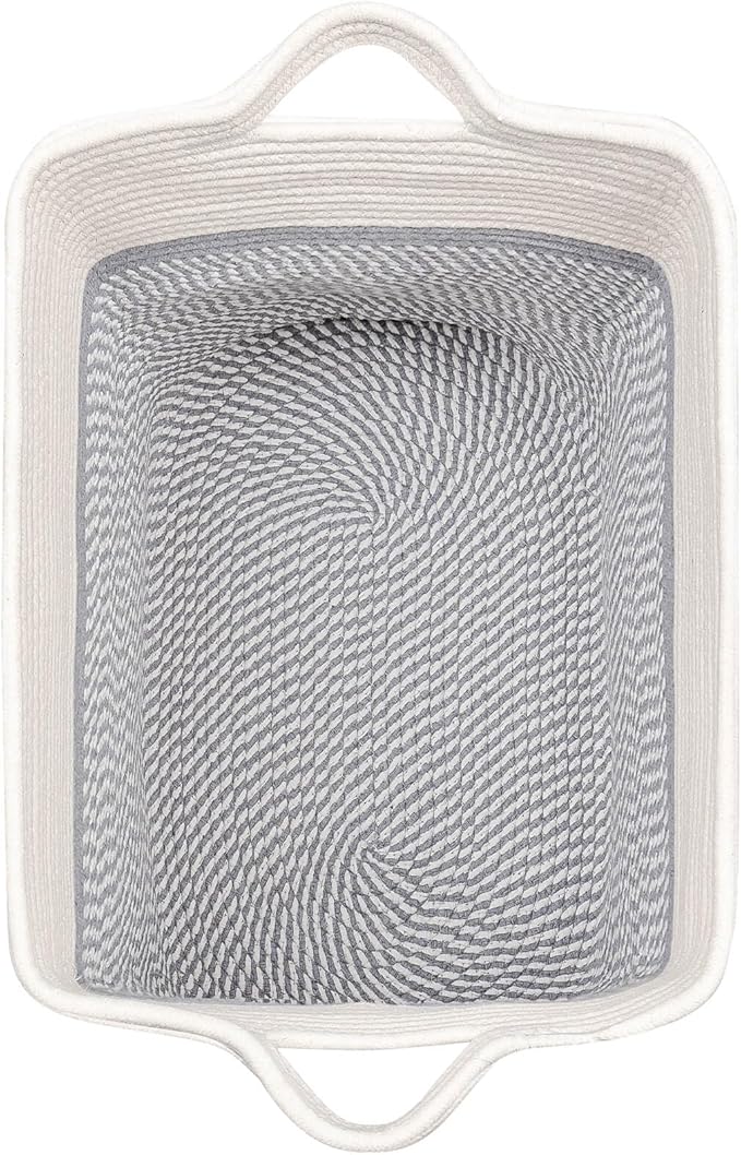 Storage Baskets for Clothes Fabric Cotton Rope Storage Basket with Handles, Decorative Woven Basket for Living Room,Closet Organizer Blankets, and 2bags (White/Gray, L17.8×W12.5×H17.9)