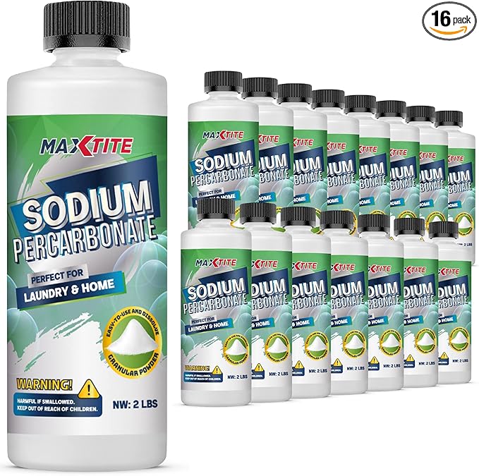 MAXTITE Sodium Percarbonate (32 lbs total - 16 pack of 2 lbs bottles) - 100% Pure Solid Hydrogen Peroxide/Oxygenated Bleach - Home & Laundry Multi-Use Cleaner - HDPE w/Resealable Child Resistant Cap