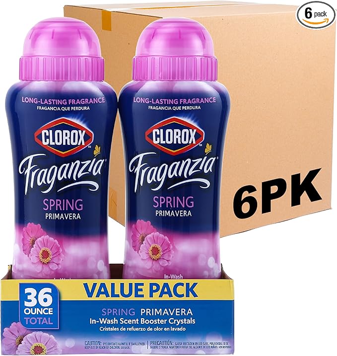 Clorox Fraganzia Laundry Scent Booster Crystals in Spring Scent - Scented In-Wash Freshener Beads for Fresh, Clean, Great Smelling Clothes and Linens, Twin 18 Oz - 6 Pack