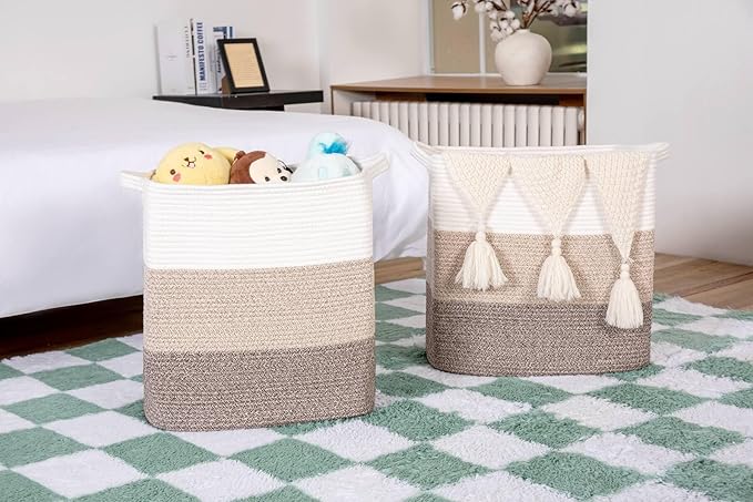 Tall Storage Bins for Clothes Fabric Cotton Rope Storage Baskets with Handles, Decorative Woven Basket for Living Room,Closet Organizer Blankets, and 2bags (Gradient Brown, L16×W11.4×H15.9)