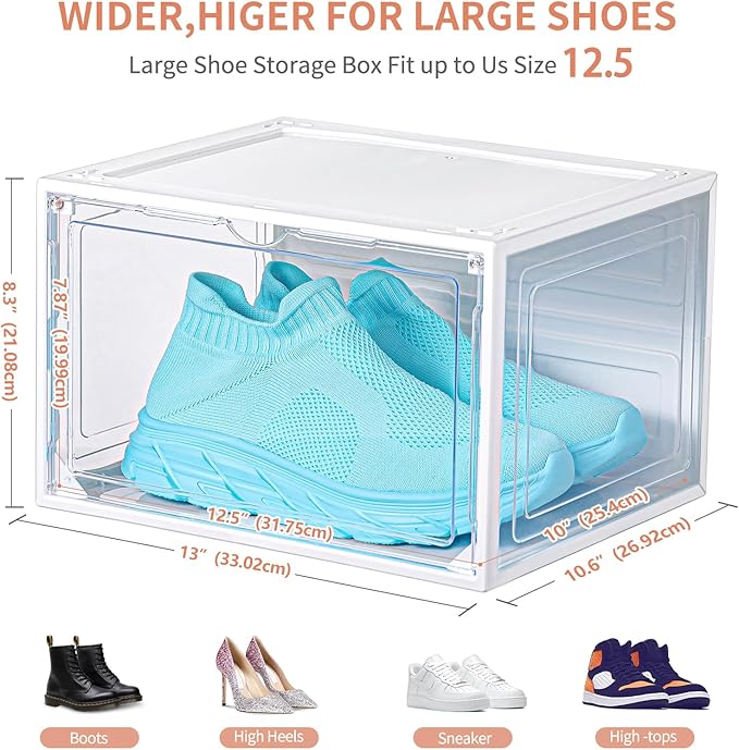 12 Pack White Shoe Boxes Stackable,Large Shoe Storage Organizer with Magnetic Door,Drop Side Shoe Containers for Entryway,Sneaker Storage Fit up to US Size 12 for Men/Women(13’’x10.62”x8.26”
