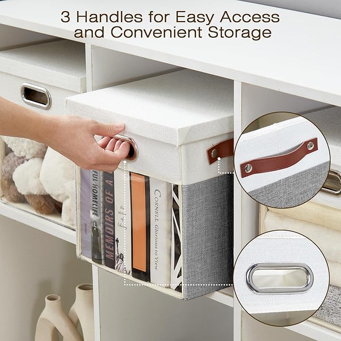 Fabric Storage Cubes with Clear Windows and Lids, 11'' Foldable Storage Bins with 3 Handles, Decorative Storage Boxes for Home, Bedroom, Closet, Office (Gray & White)