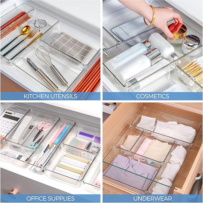 Ravinte 6 Pack Drawer Organizer - 3" X 3" Plastic Storage Bins, Acrylic Organizers with Non-Slip Pads Clear Desk Storage Tray for Makeup, Jewelries, Kitchen Utensils, Bathroom and Office