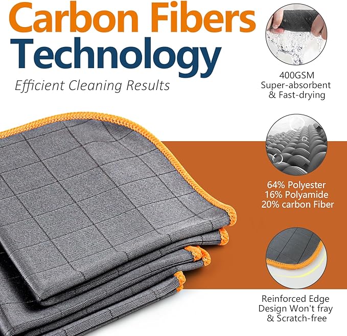Airlab Carbon Microfiber Towels for Car Glass Window Polishing Cleaning Cloth Auto Detailing Lint Free Streak Free Drying Car Wash Towel, Pack of 3, 12" x 12", Grey-Orange