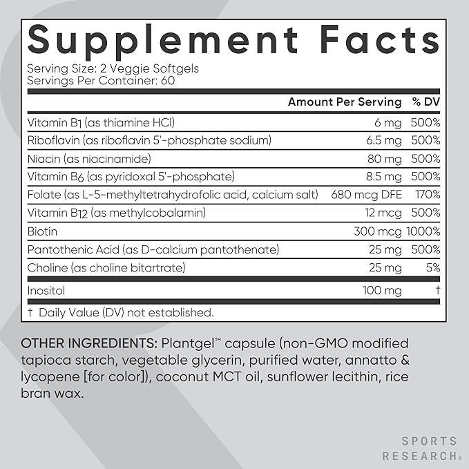 Sports Research® Vitamin B-Complex - Full Spectrum of B Vitamins with Methylated B12 & Folate - Gluten Free · Plant-Based · Non-GMO · Vegan-Friendly Formula - 120 Veggie Softgels
