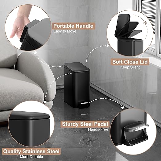 Small Trash Can with Lid Soft-Close, 6 L/1.6 Gal Bathroom Garbage Can with Removable Inner Bucket, Step Pedal, Stainless Steel Wastebasket for Kitchen, Bathroom, Bedroom, Office, Matt Black