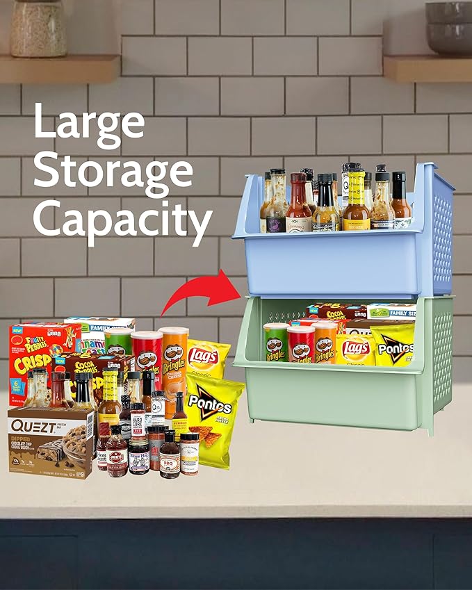 Skywin Plastic Stackable Storage Bins for Pantry - 2 Pack Stackable Bins For Organizing Food, Kitchen, and Bathroom Essentials (Multi)