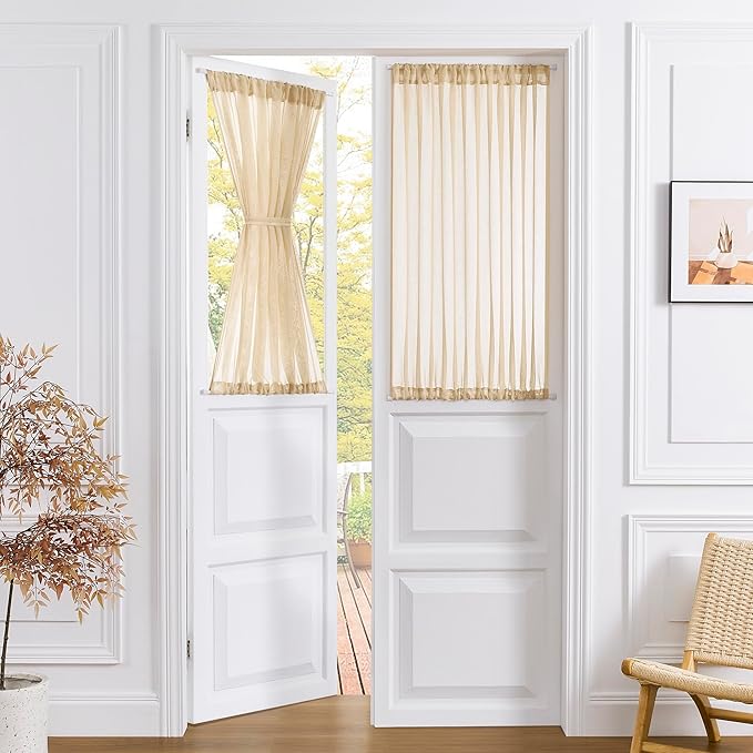 Tollpiz Small Sheer Curtain Linen Textured Curtain Sheers Doorway Light Filtering Voile French Door Rod Pocket Curtains Patio Glass Door, 25 x 40 inches Long, Beige, Set of 1 Panel