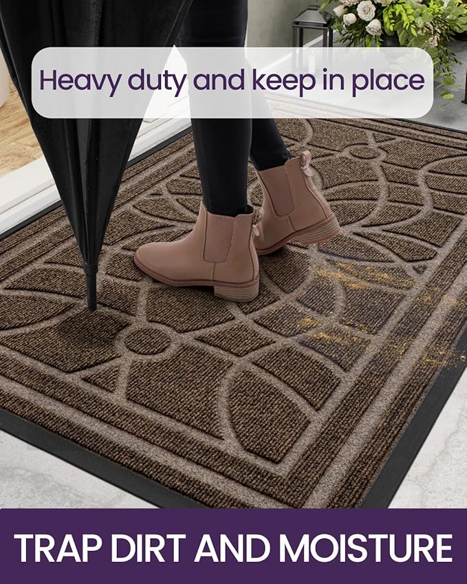 DEXI Front Door Mat Outside Entrance, Heavy Duty Non Slip Low Profile Doormat for Entryway, Trap Dirt and Moisture Welcome Mats, Easy Clean, Patio, Garage, 3x2, Brown
